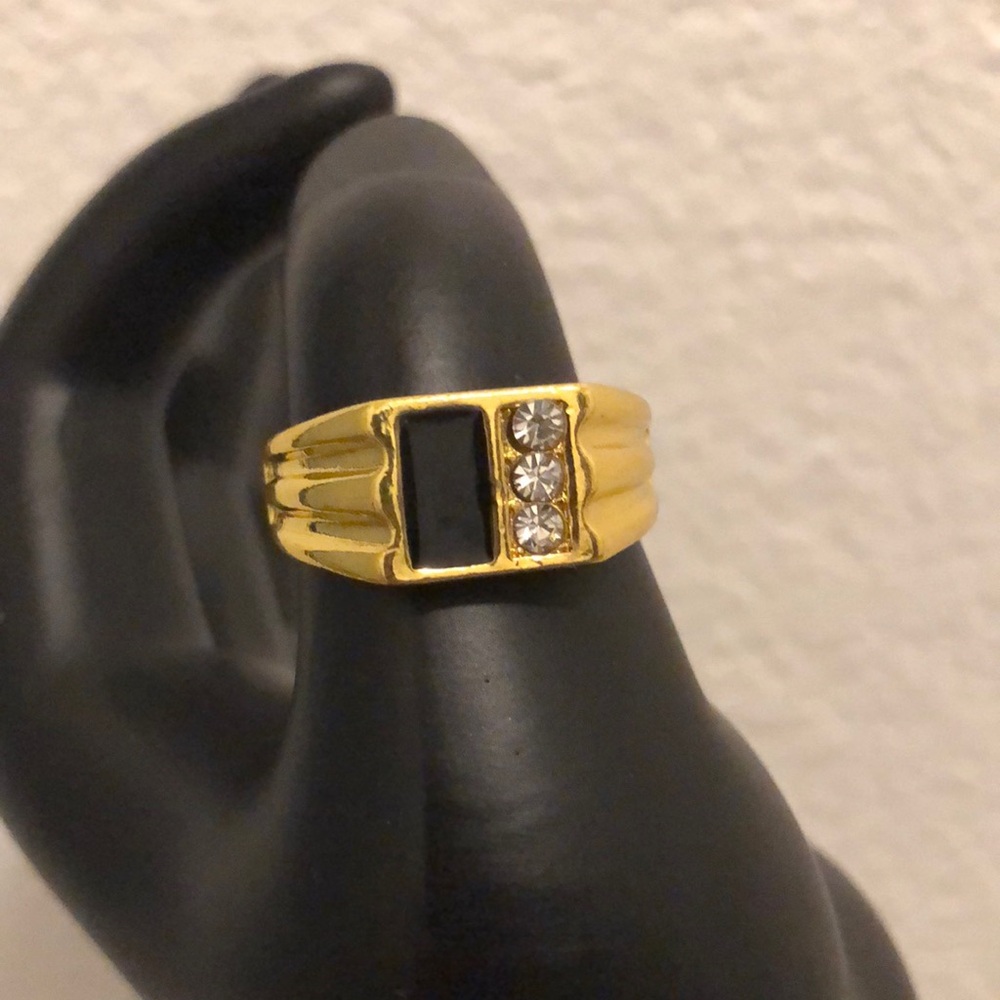 Gold Plated Ring with Black Onyx Accent and Clear Crystals